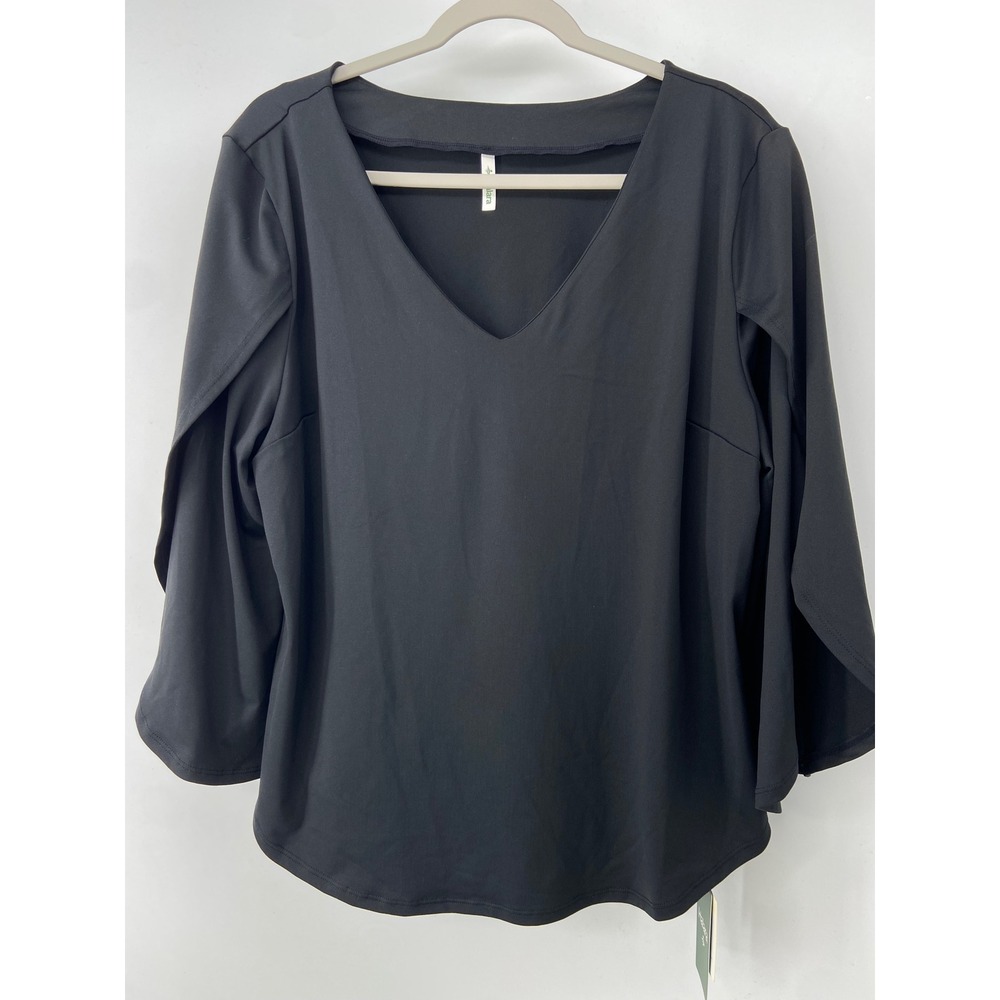 Halara Top Women XL Black Split Sleeve V Neck Minimalist Tulip Office Stretch